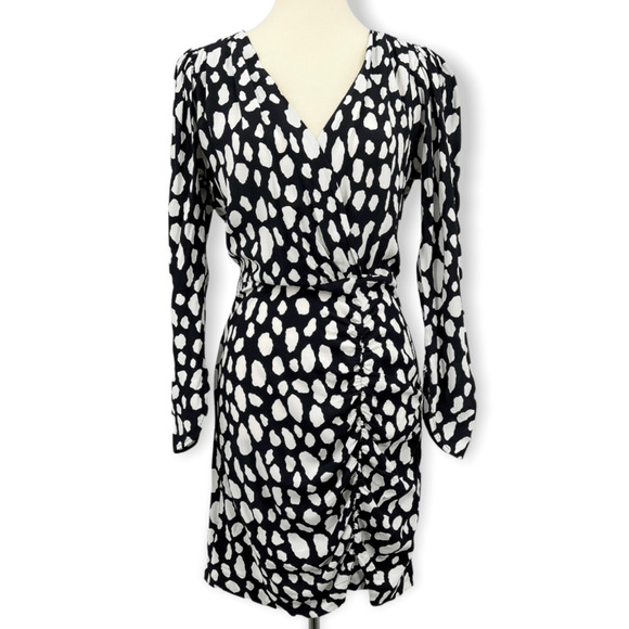 Maje Rossima Black White Spotted Dress V Neck Long Sleeve Faux Wrap Size 2 - Picture 2 of 11
